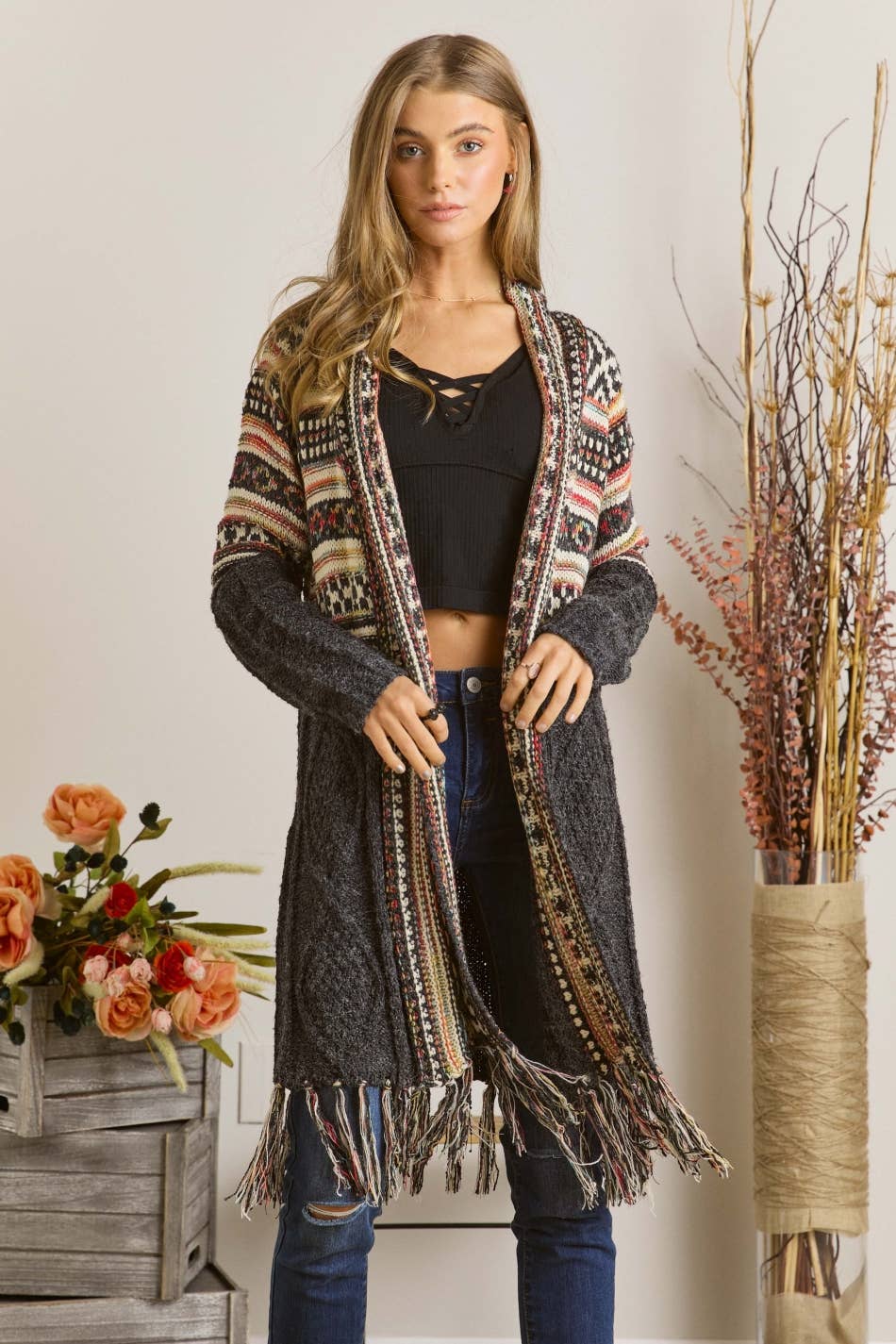 Olive Aztec Fringe Cardigan