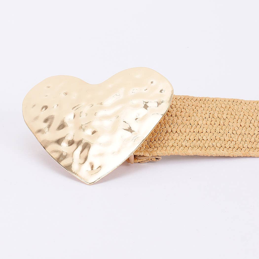 Faux Straw Metal Heart Buckle Stretch Belt