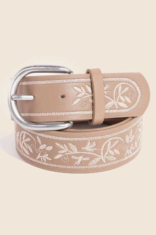 Floral Embroidered Pattern Faux Leather Belt