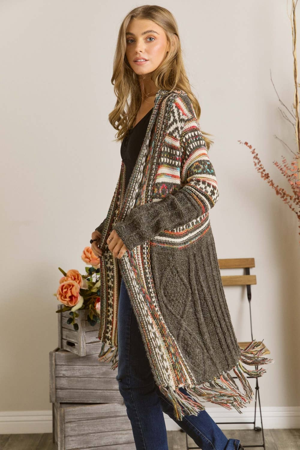 Olive Aztec Fringe Cardigan
