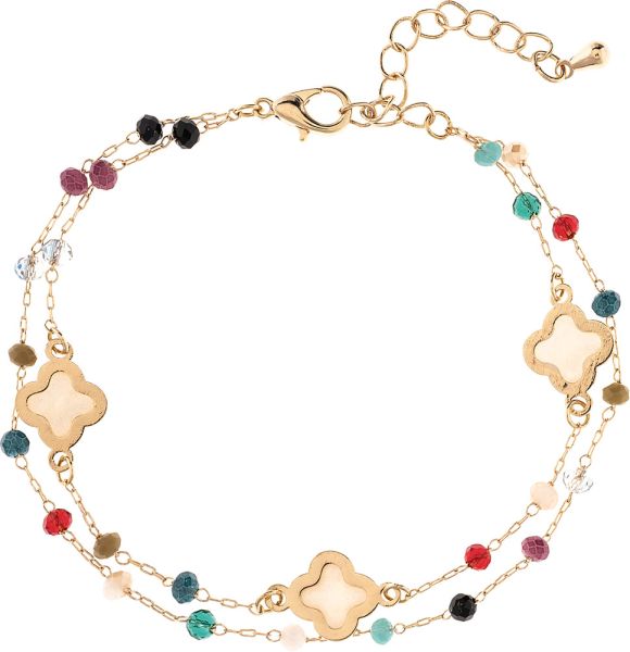 Gold Multicolor Bead & Inlaid Clovers Lobster Bracelet
