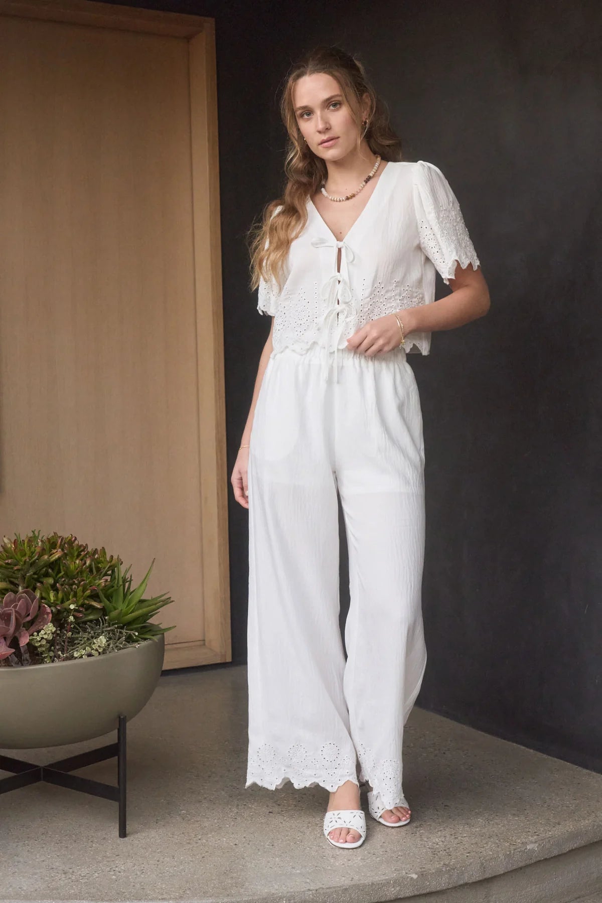 Eyelet Trim Blouse & Pant Set
