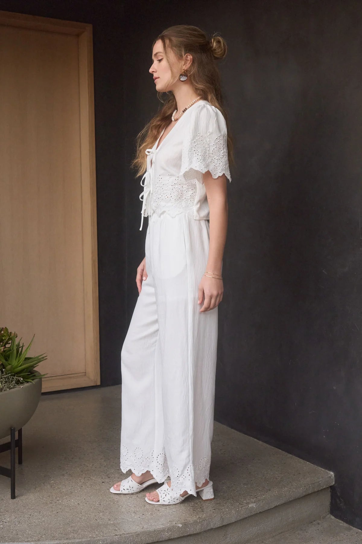 Eyelet Trim Blouse & Pant Set