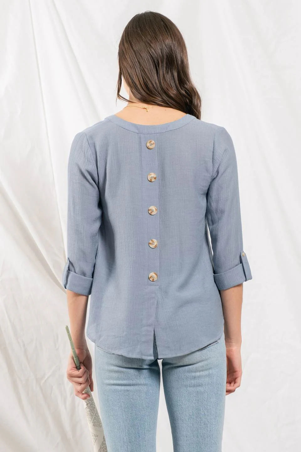 Split Neck Back Button Top