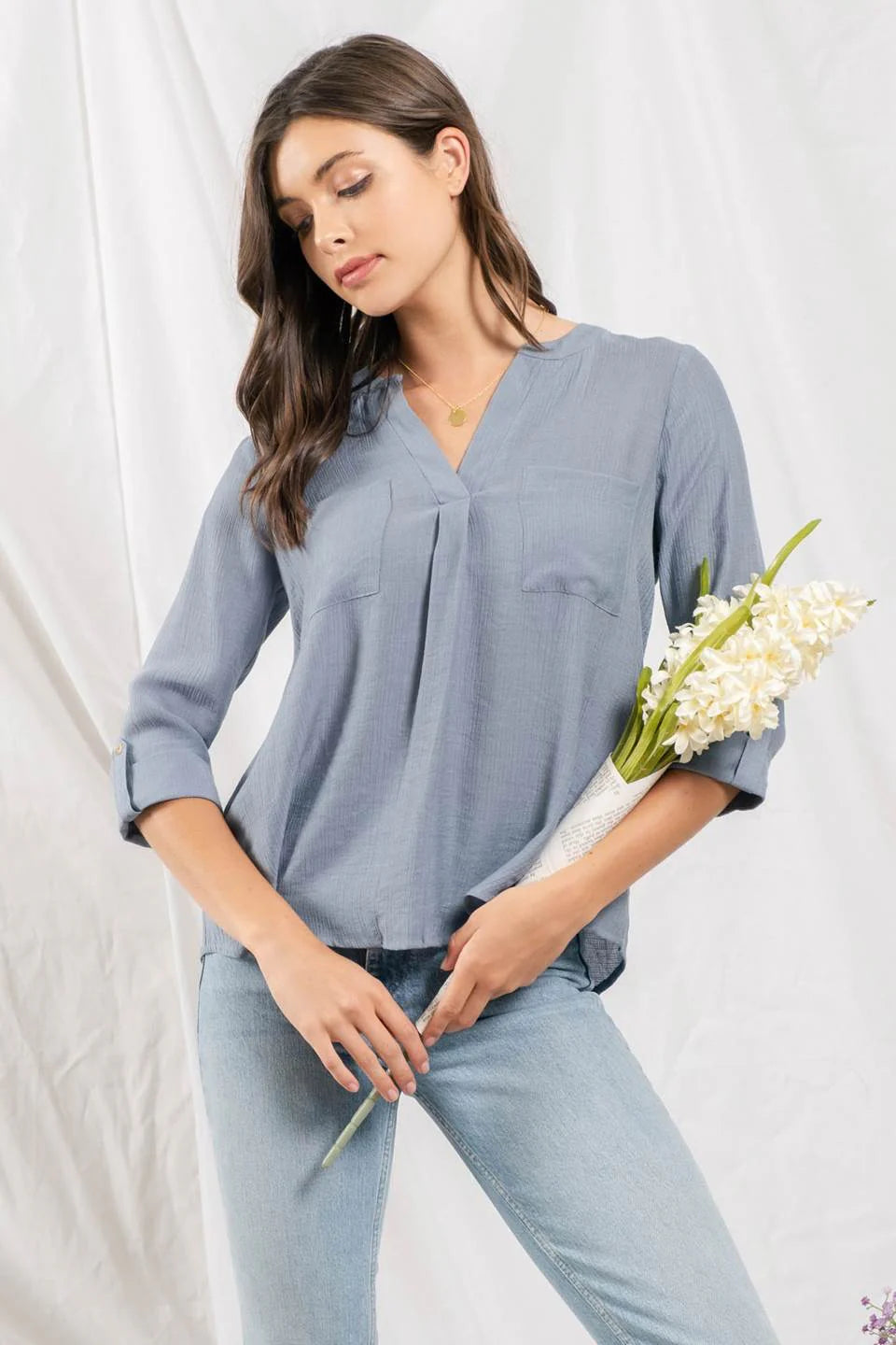 Split Neck Back Button Top