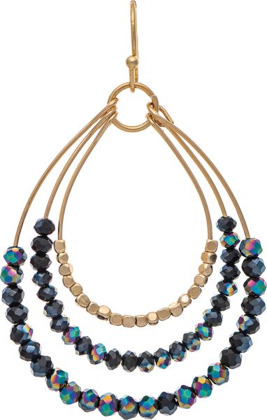 Gold Purple Three Row Glass Bead Teardrop Earring