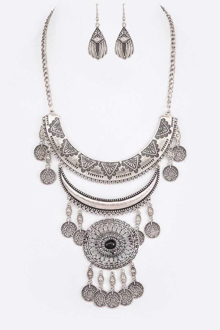 Boho Silver Statement Necklace Set
