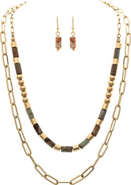 Gold Amazonite Bead Layer Necklace Set
