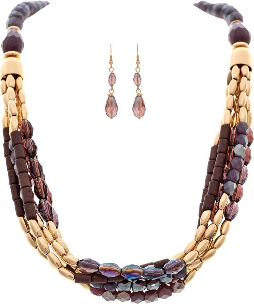 Gold Purple Mix Glass Bead Layer Necklace Set