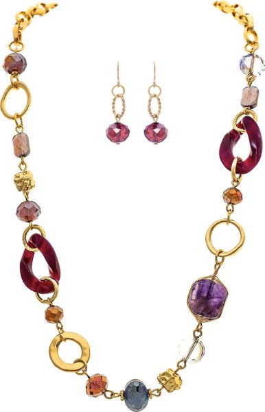 Purple Stone & Gold Circles Link Necklace Set