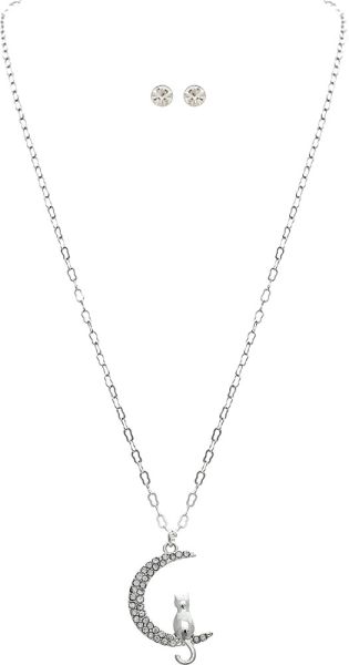Silver Cat In Crystal Crescent Moon Necklace Set