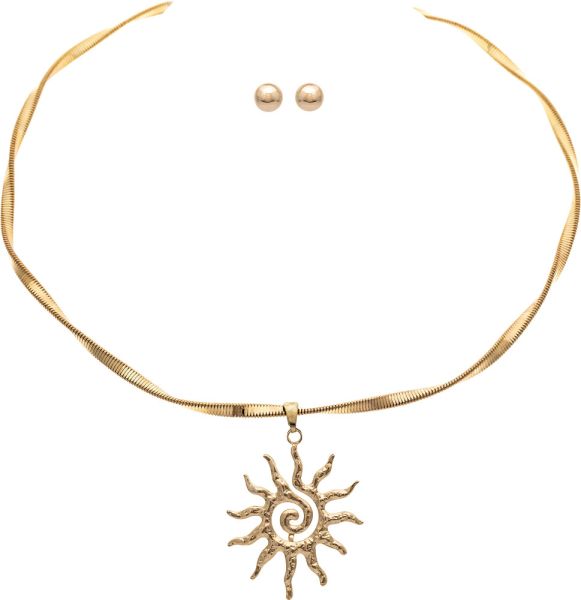 Twisted Gold Chain Collar Necklace Set w/ Sun Pendant