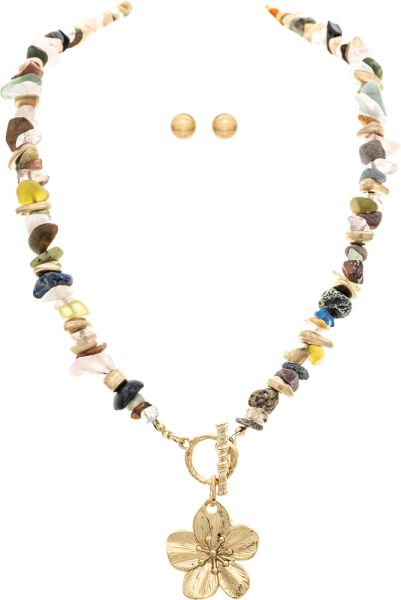 Gold Mixed Natural Tone Stones Flower Charm Toggle Necklace Set
