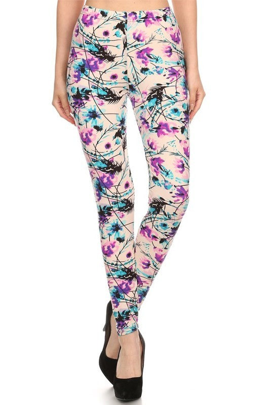 Turquoise Pink Floral Leggings