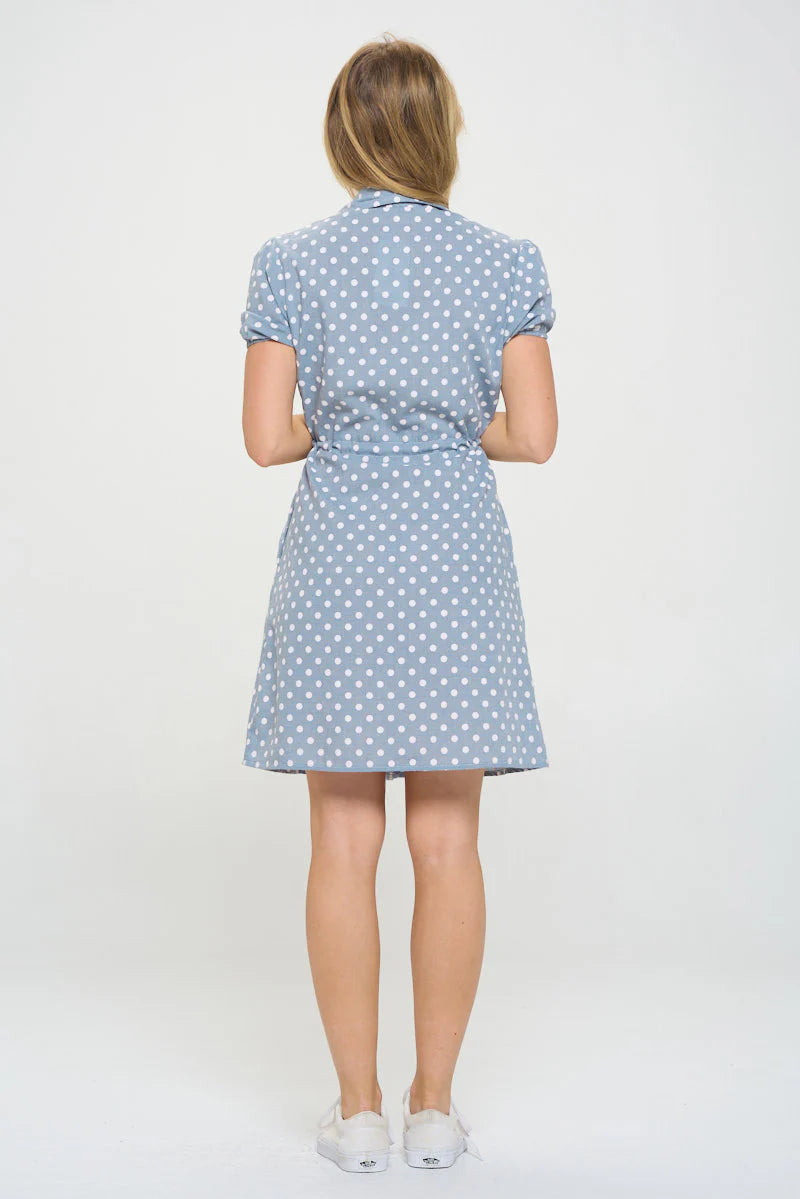 Blue Polka Dot Print Cotton Dress