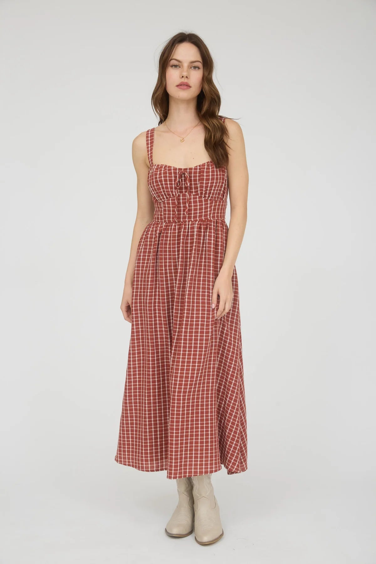 Brick Plaid Corset Tie Dress