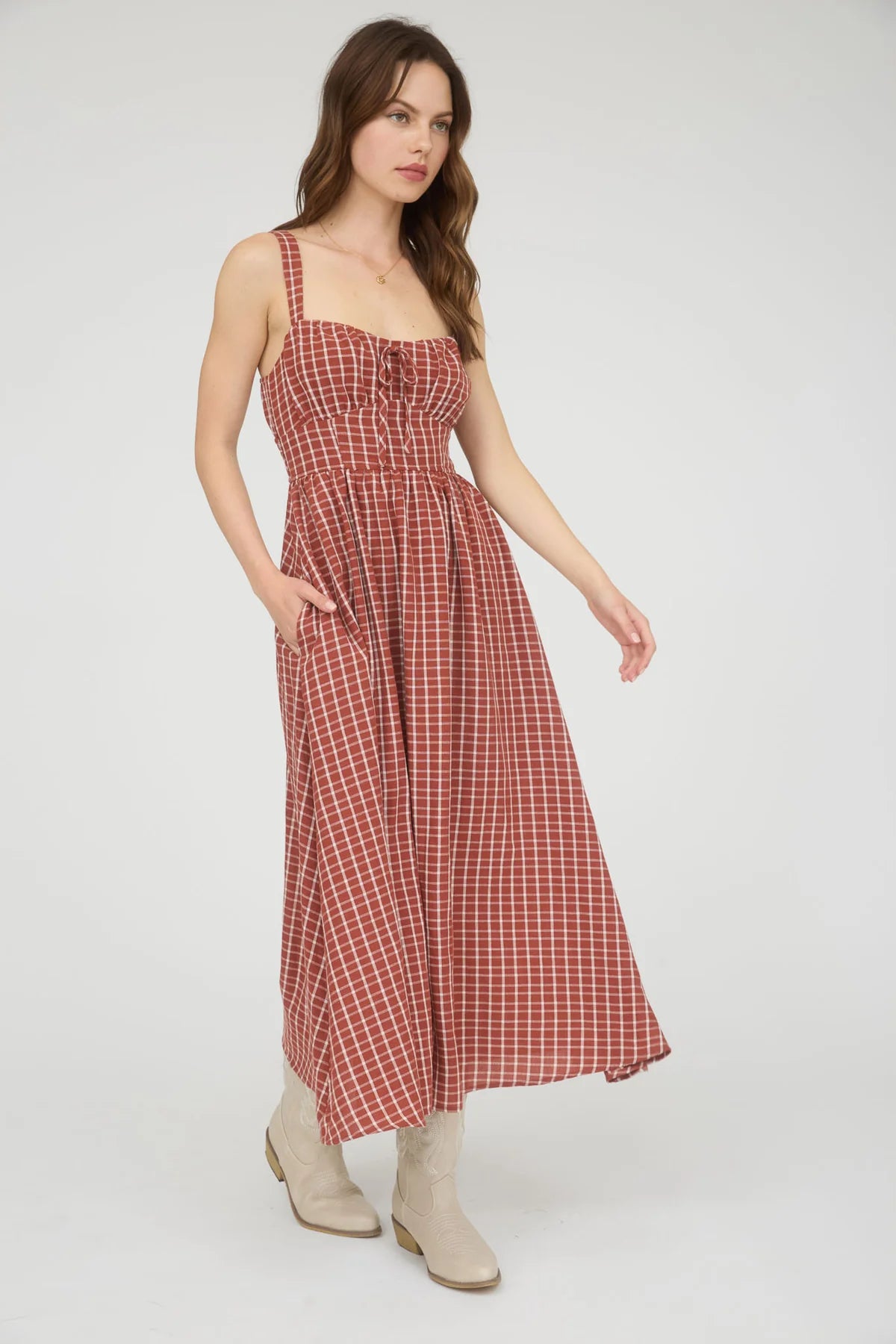 Brick Plaid Corset Tie Dress