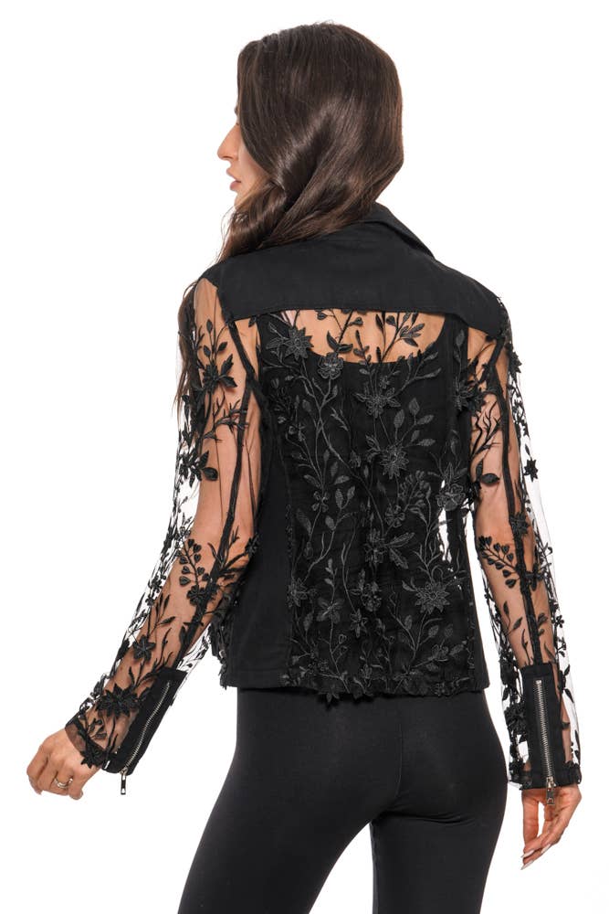 Black Elegance Embroidered Mesh Moto Jacket