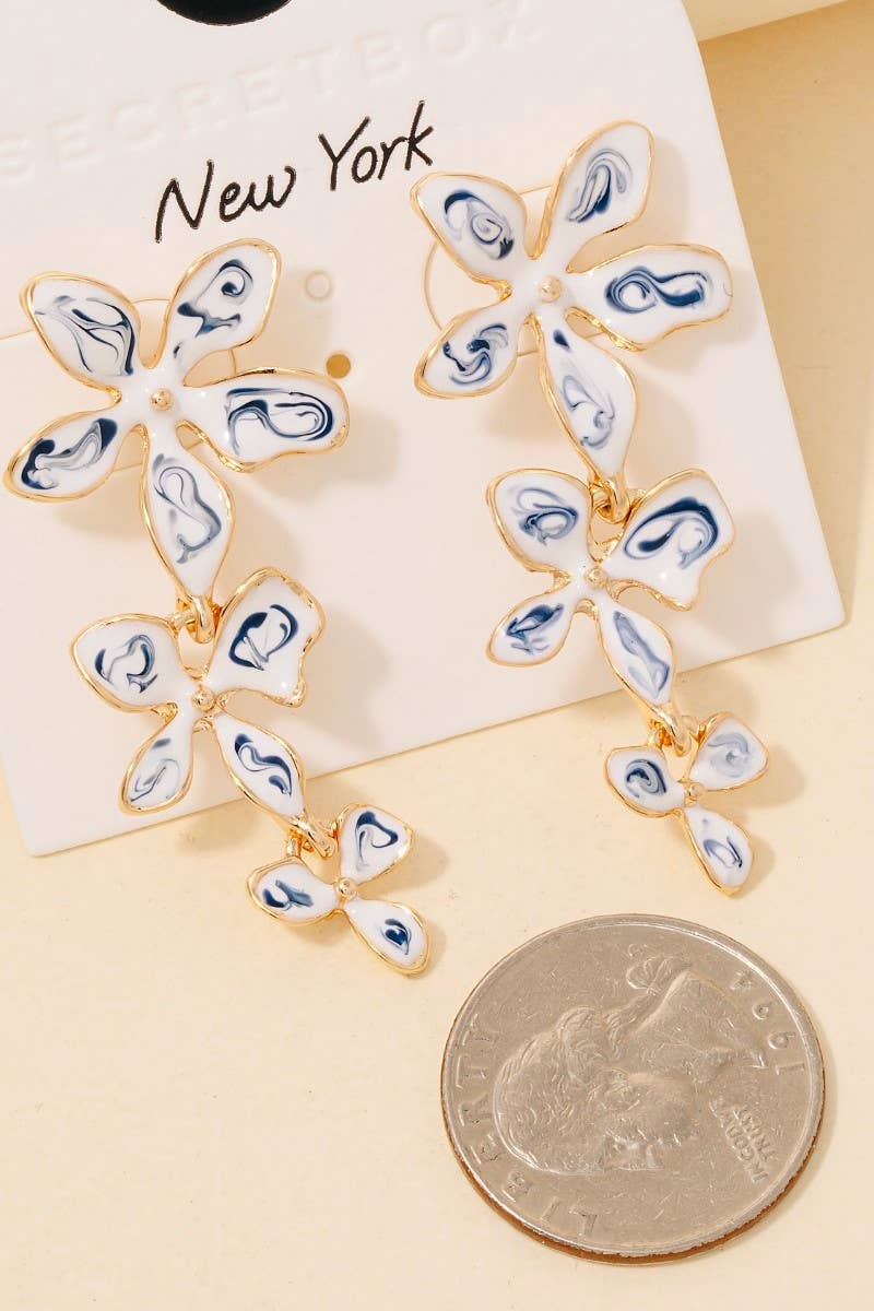 Blue Ceramic Flower Link Dangle Earrings