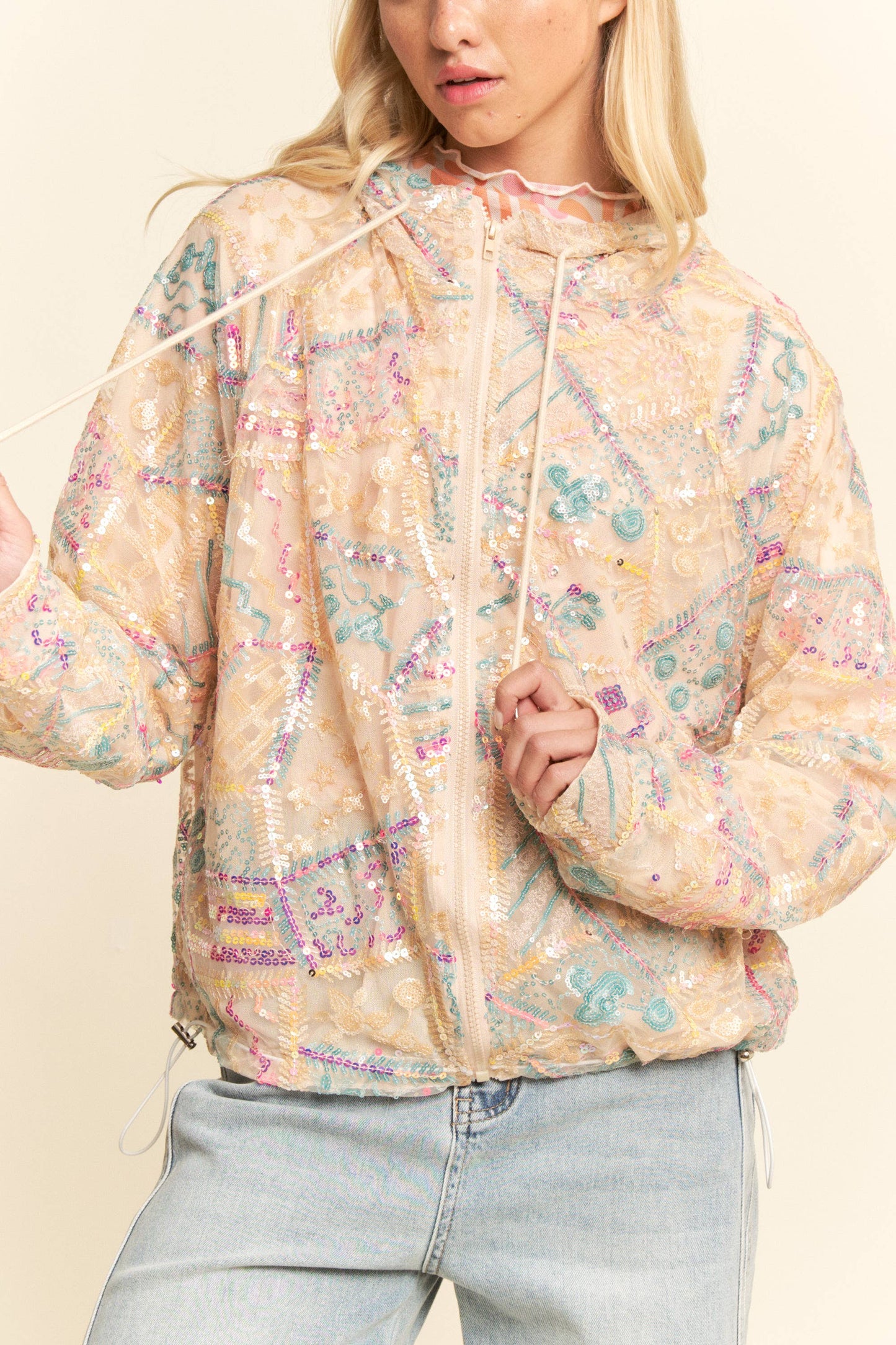 Sequin Embroidered Mesh Zip Up