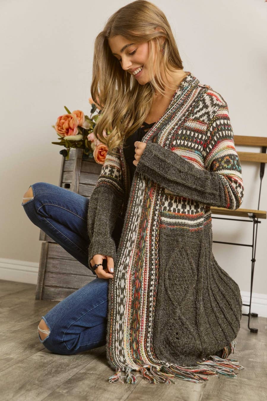 Olive Aztec Fringe Cardigan
