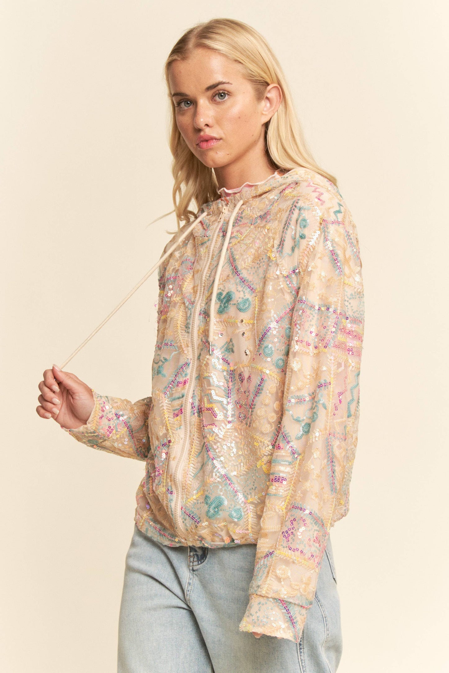 Sequin Embroidered Mesh Zip Up