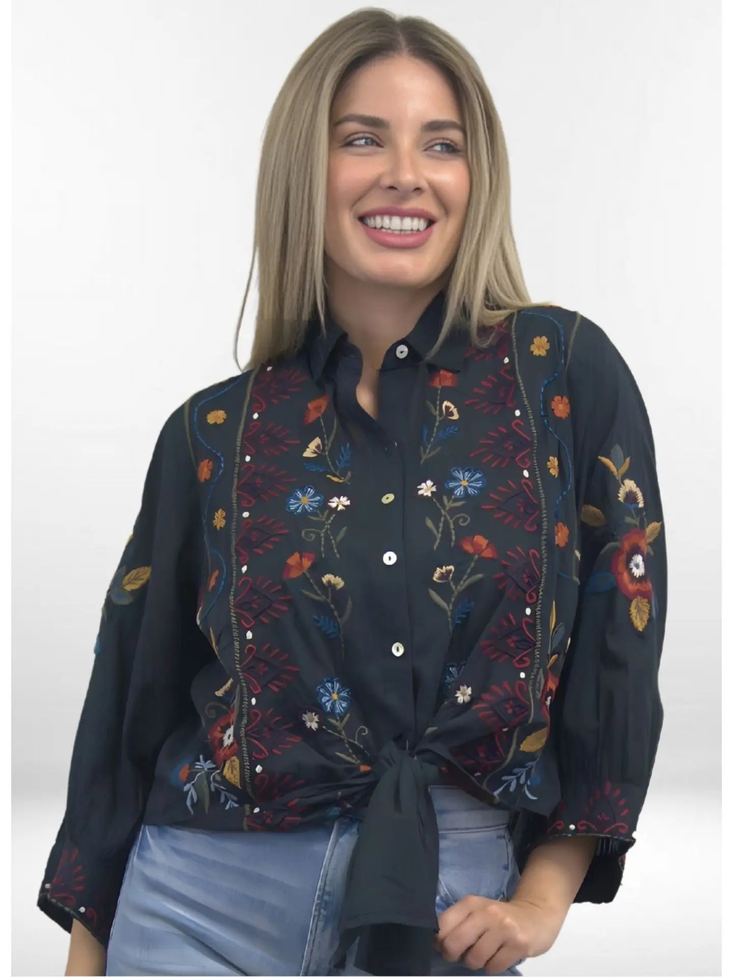 Jules Blouse | Tissue Cotton Tie Front Embroidered Top