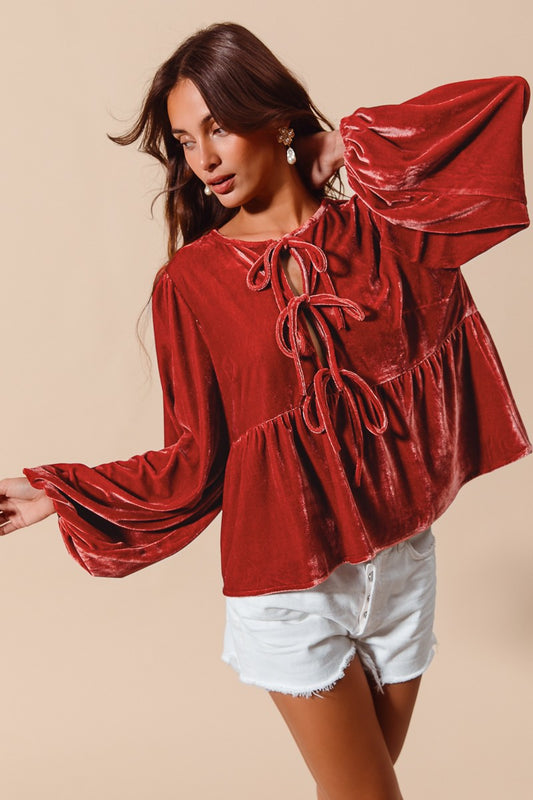Front Tie Velvet Blouse