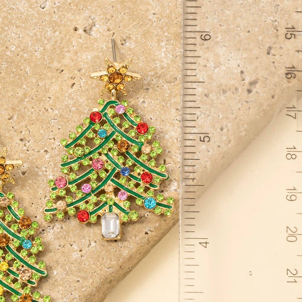 Vibrant Studded Holiday Tree Dangle Earrings