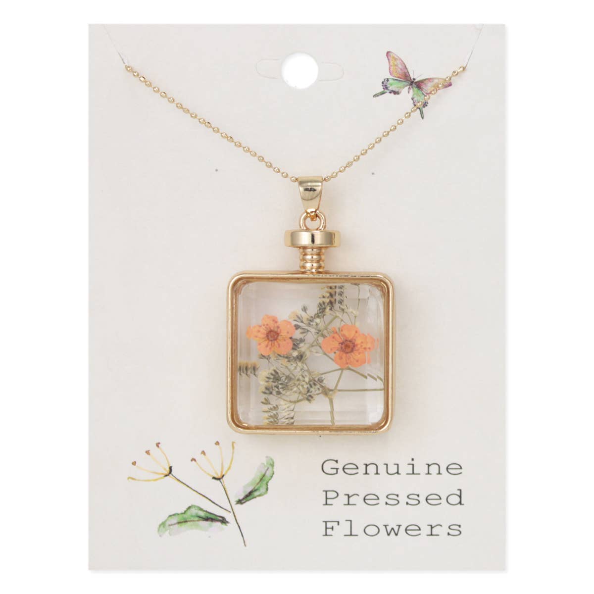 Faux Bottle Dried Flower Gold Necklace