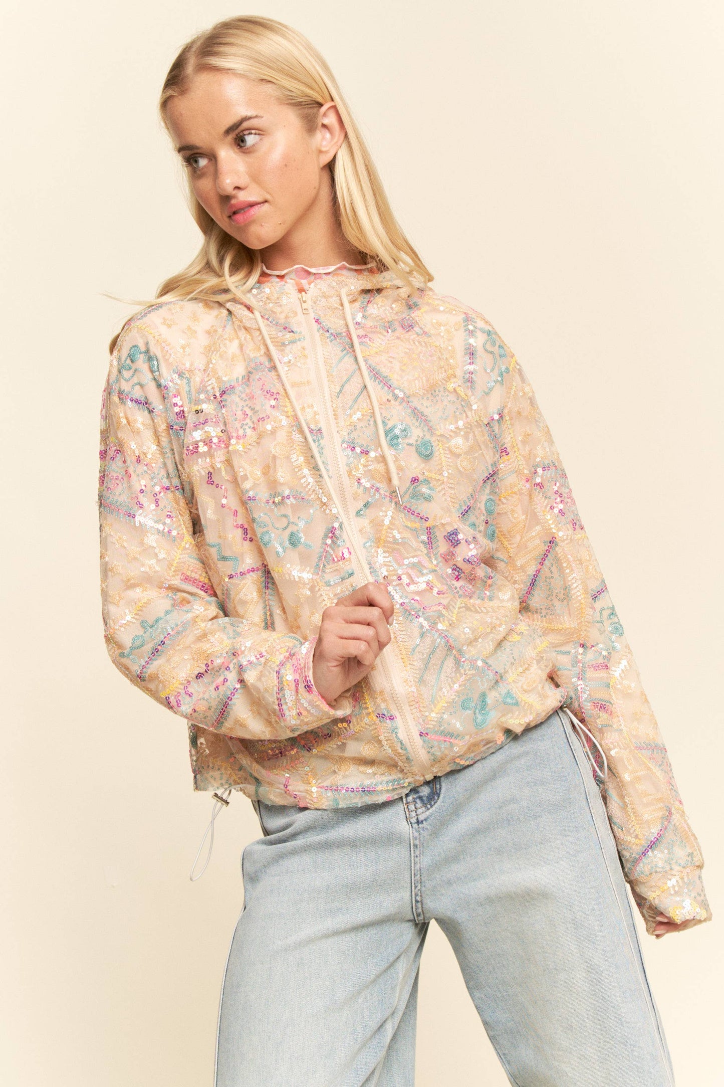 Sequin Embroidered Mesh Zip Up