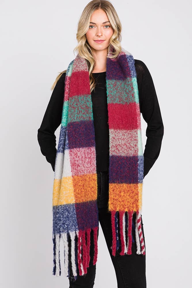 Brushed Multi Color Plaid Fringe Winter Scarf