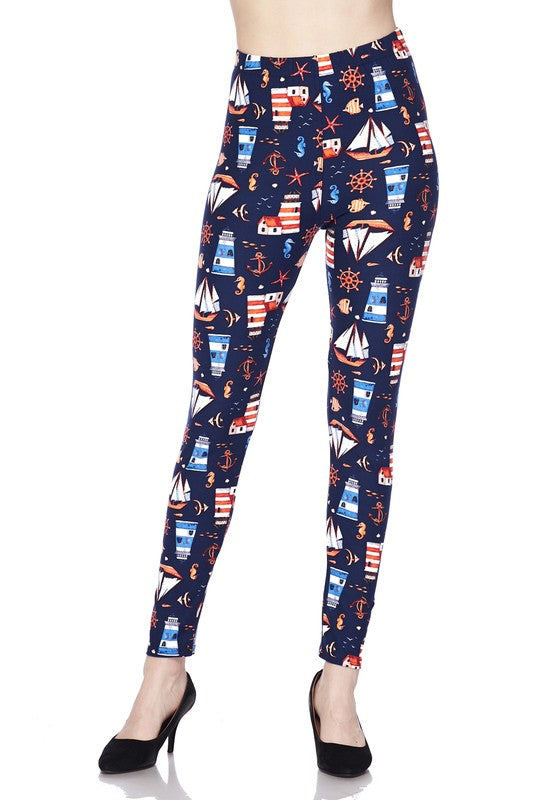 Plus Size Lighthouse & Anchor Print Leggings