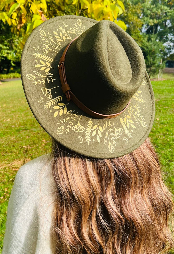 Wide Brim Felt Hat with Botanicals Print