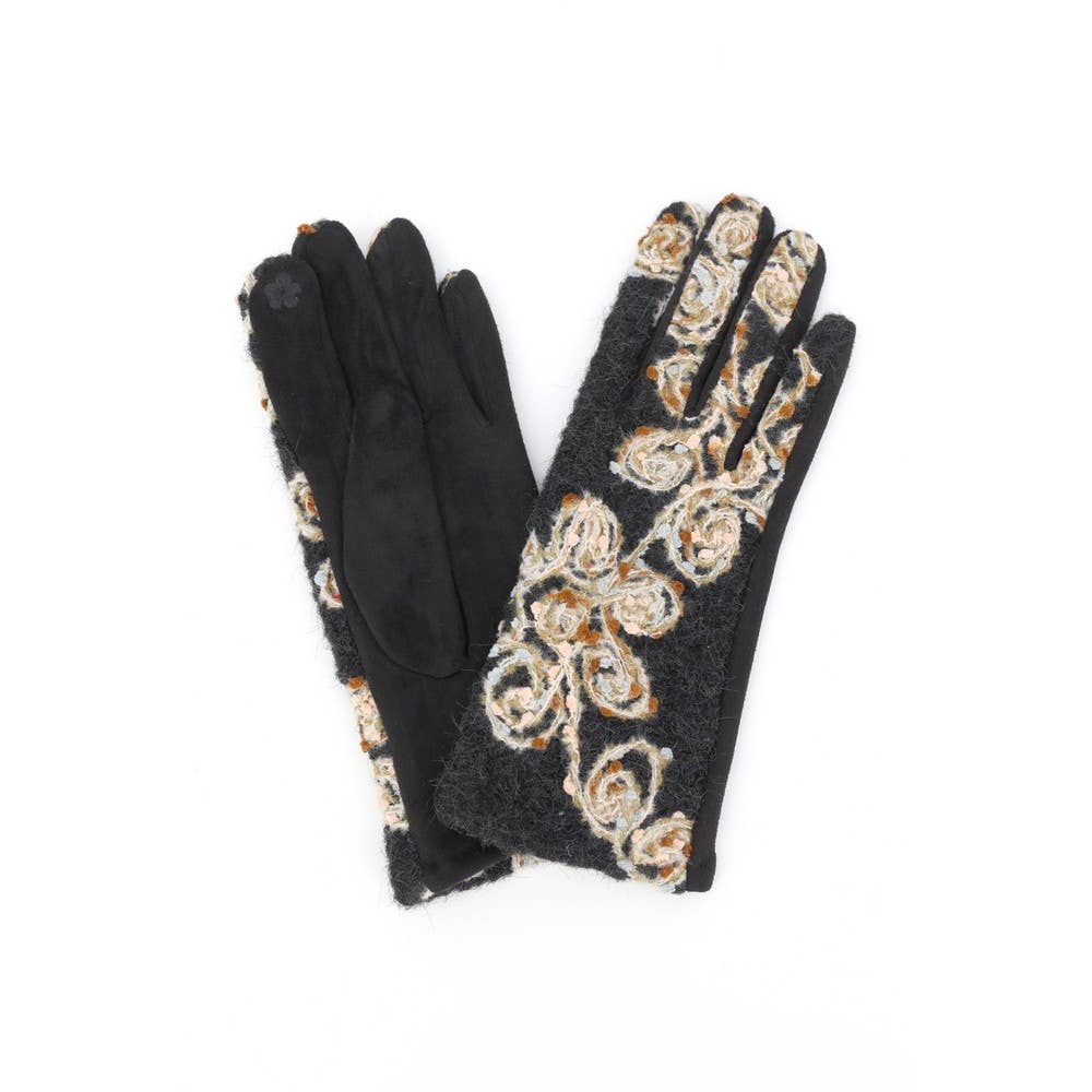 Rosette Embroidered Knit Touchscreen Gloves