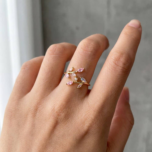 Gold Dipped Mixed Cz Leaves Open Band Ring