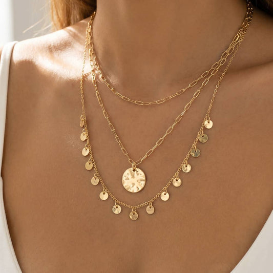 Triple Layer Hammered Coin Disc Necklace