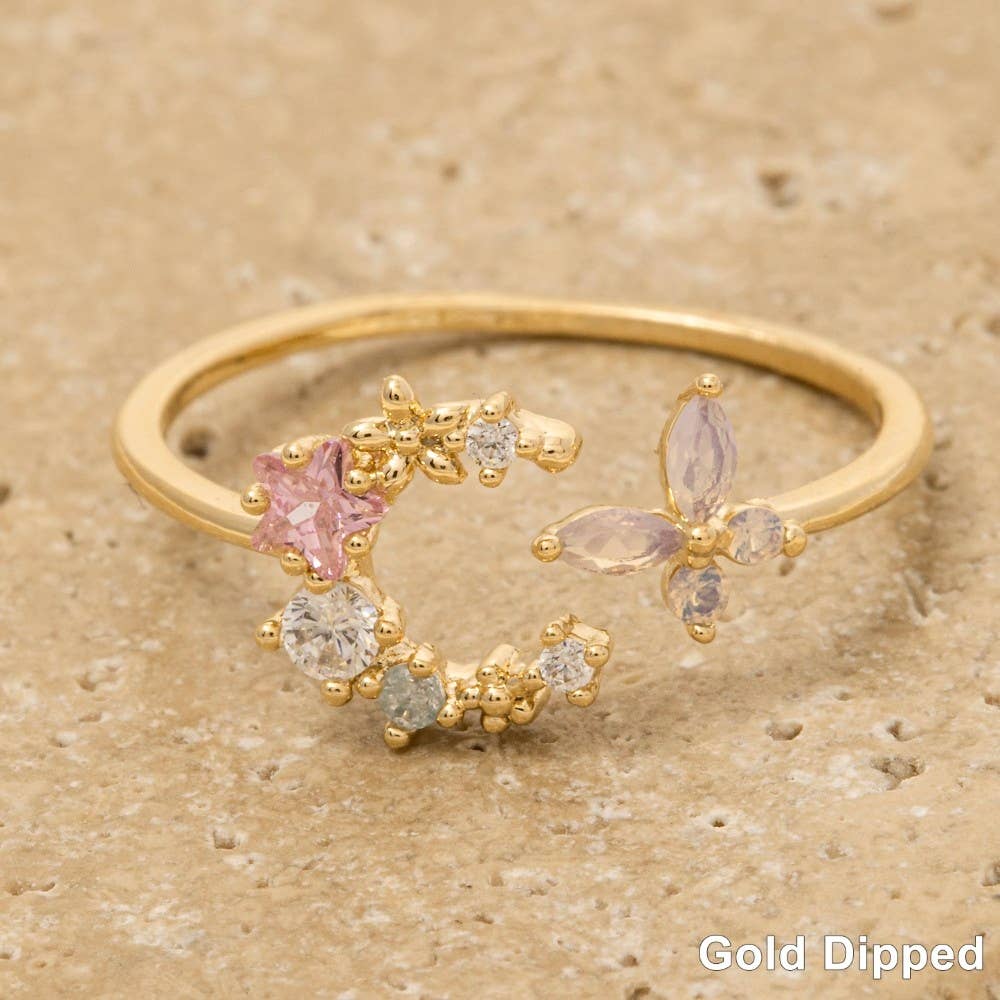 Gold Dipped Cz Moon Star Butterfly Ring