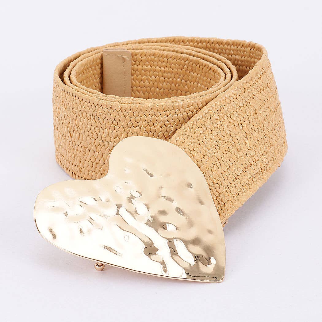 Faux Straw Metal Heart Buckle Stretch Belt