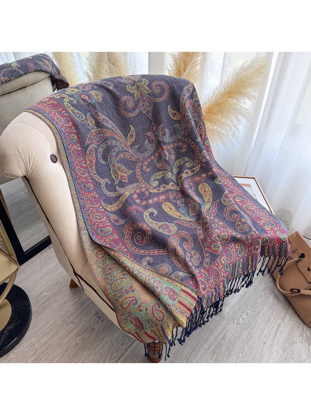 Elegant Purple Paisley Fringe Scarf