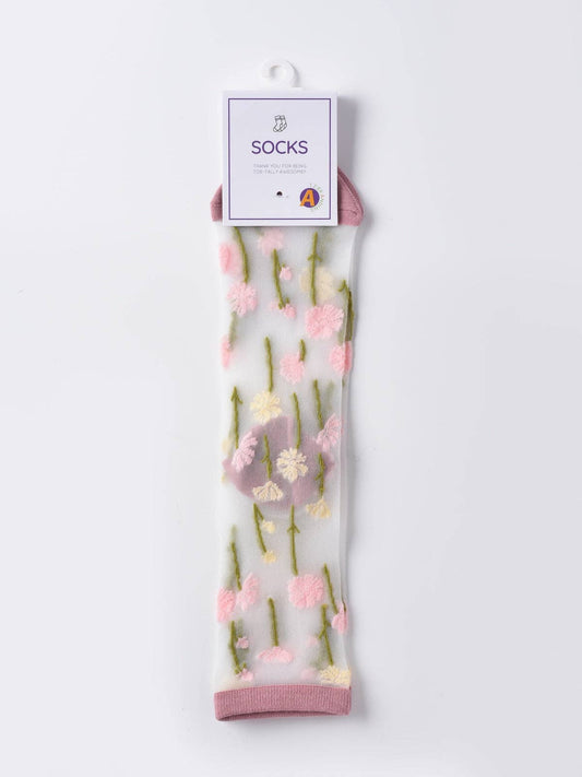 Sheer Garden Embroidered Flower Crew Socks