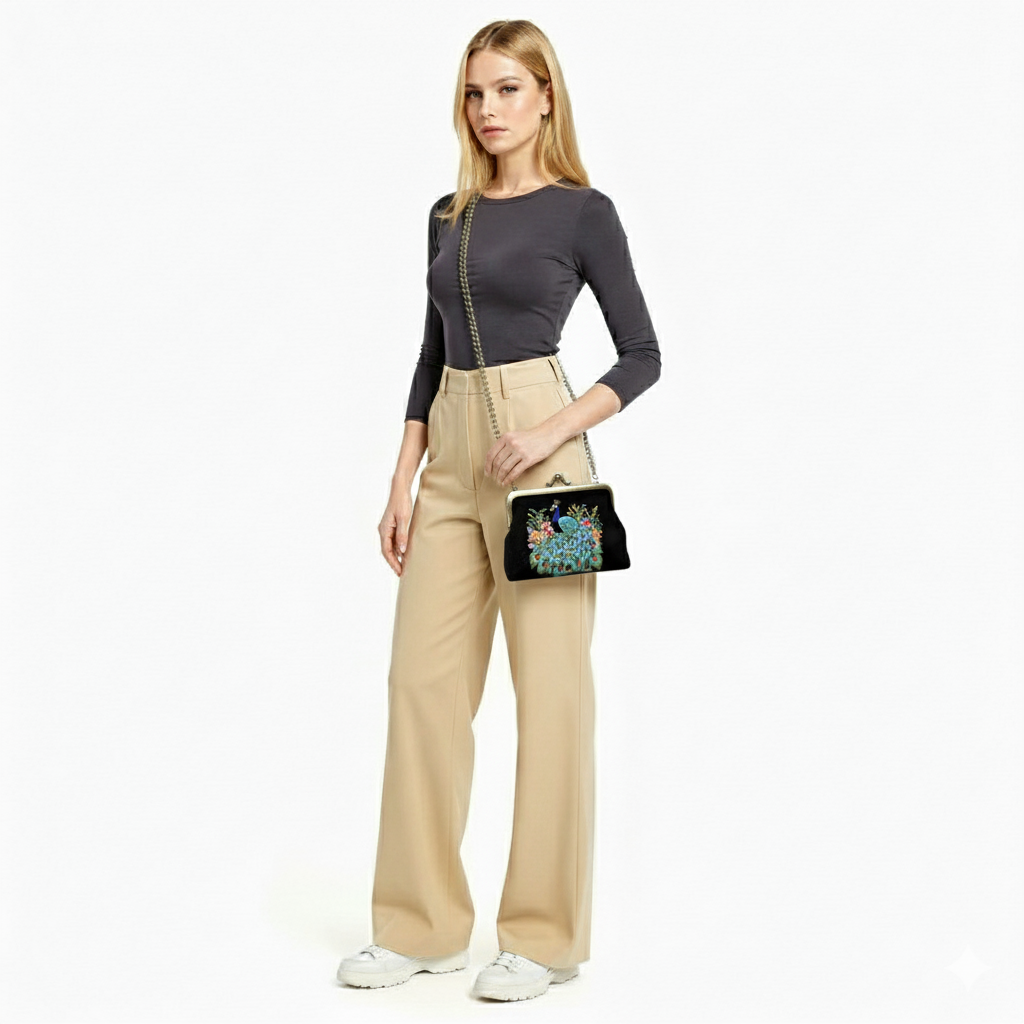 Peacock Embroidered Kisslock Bag