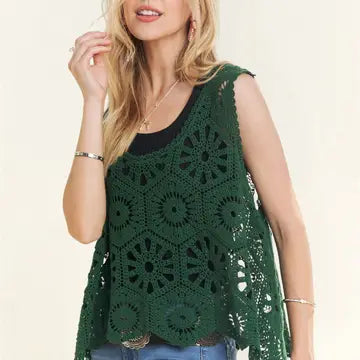 Casual Hunter Green Crochet Tank