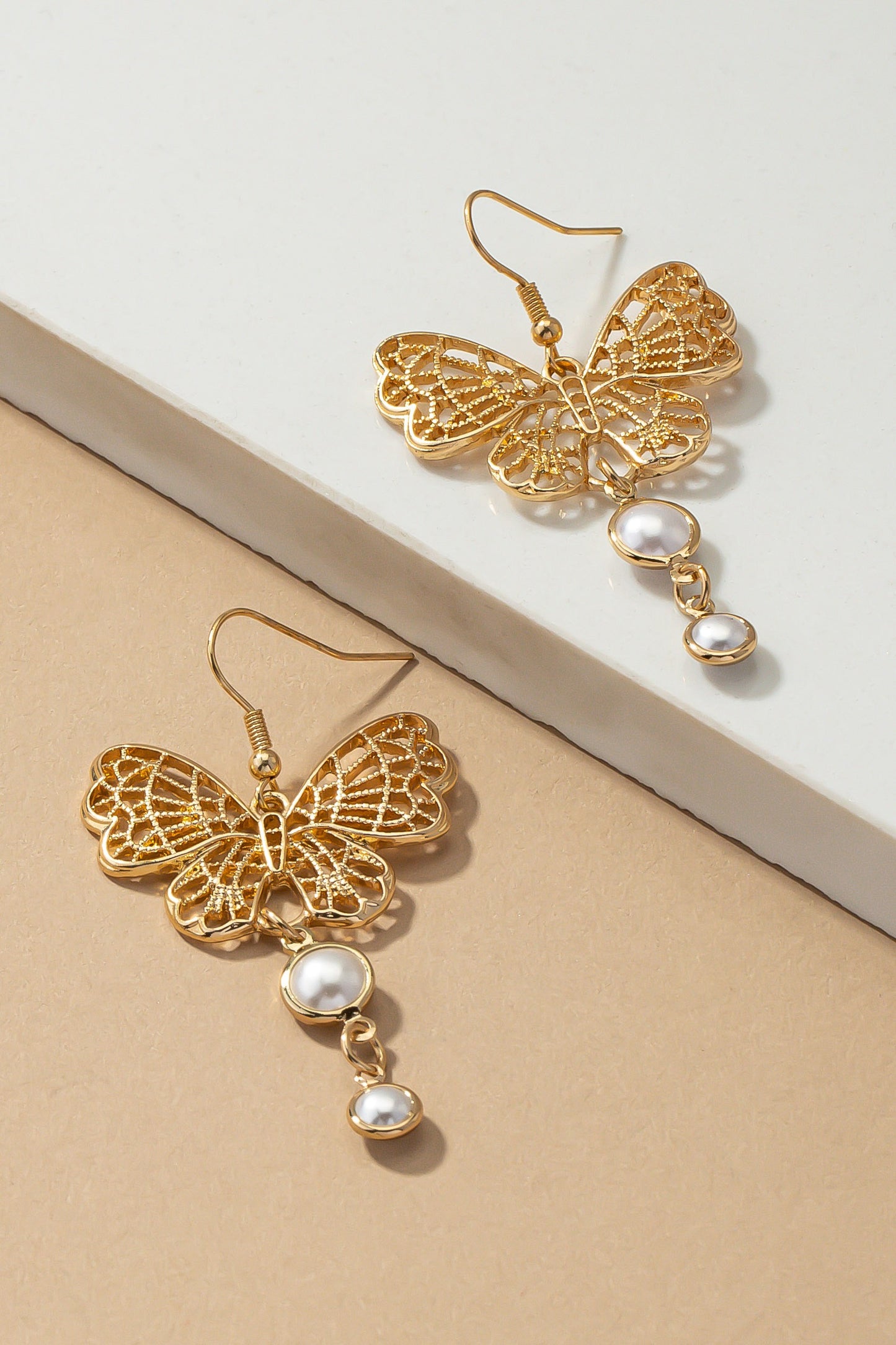 Filigree Butterfly Pearl Drop Earrings