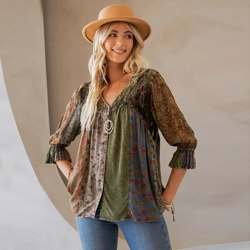 Vintage Boho Patchwork Velvet Top