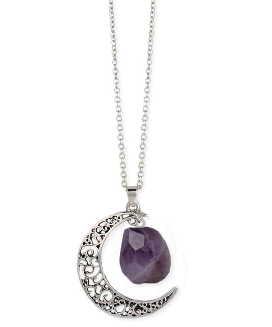 Antiqued Silver Moon Raw Amethyst Long Necklace