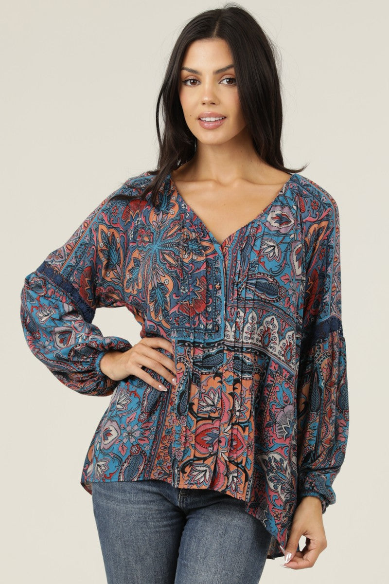 Boho Print V-Neck Button Down Top