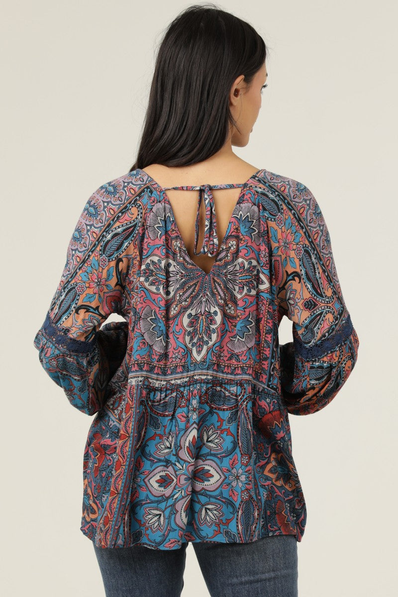 Boho Print V-Neck Button Down Top