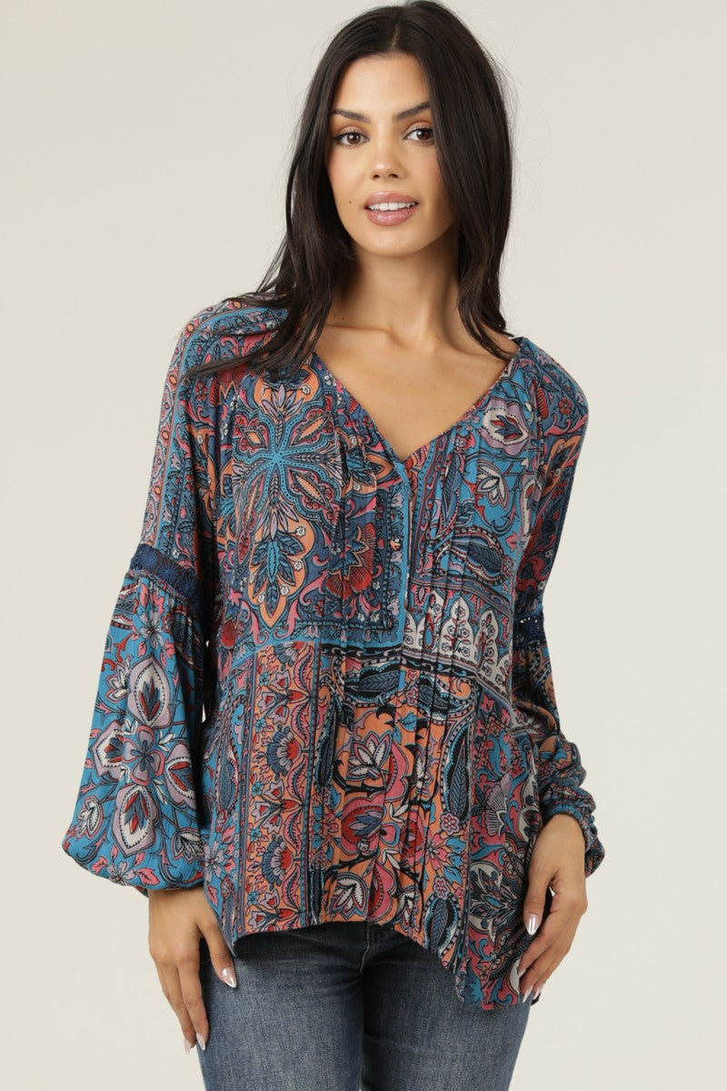 Boho Print V-Neck Button Down Top