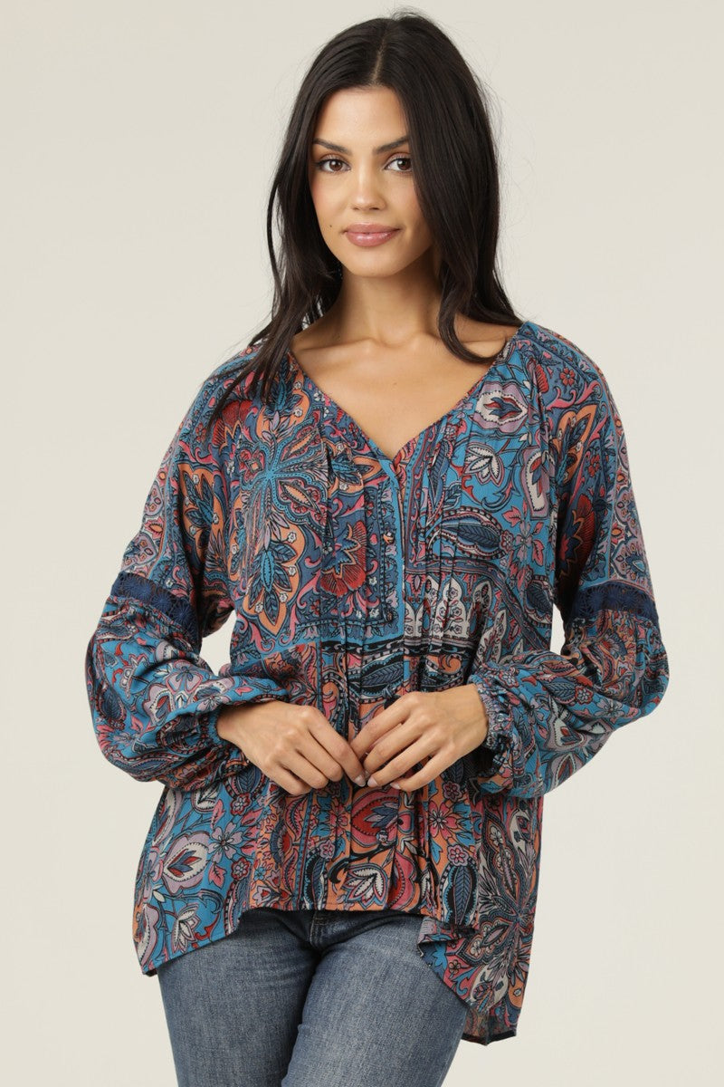 Boho Print V-Neck Button Down Top